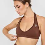 Oner Active - Effortless Seamless Halter Neck Sports Bra with White Logo | Rustic Brown